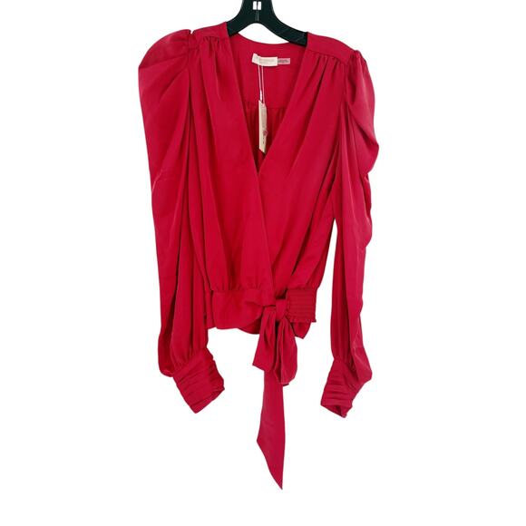 RAMY BROOK Top NEW Size S Pauline Puff Sleeve Wrap Blouse Red $375 - Picture 2 of 4